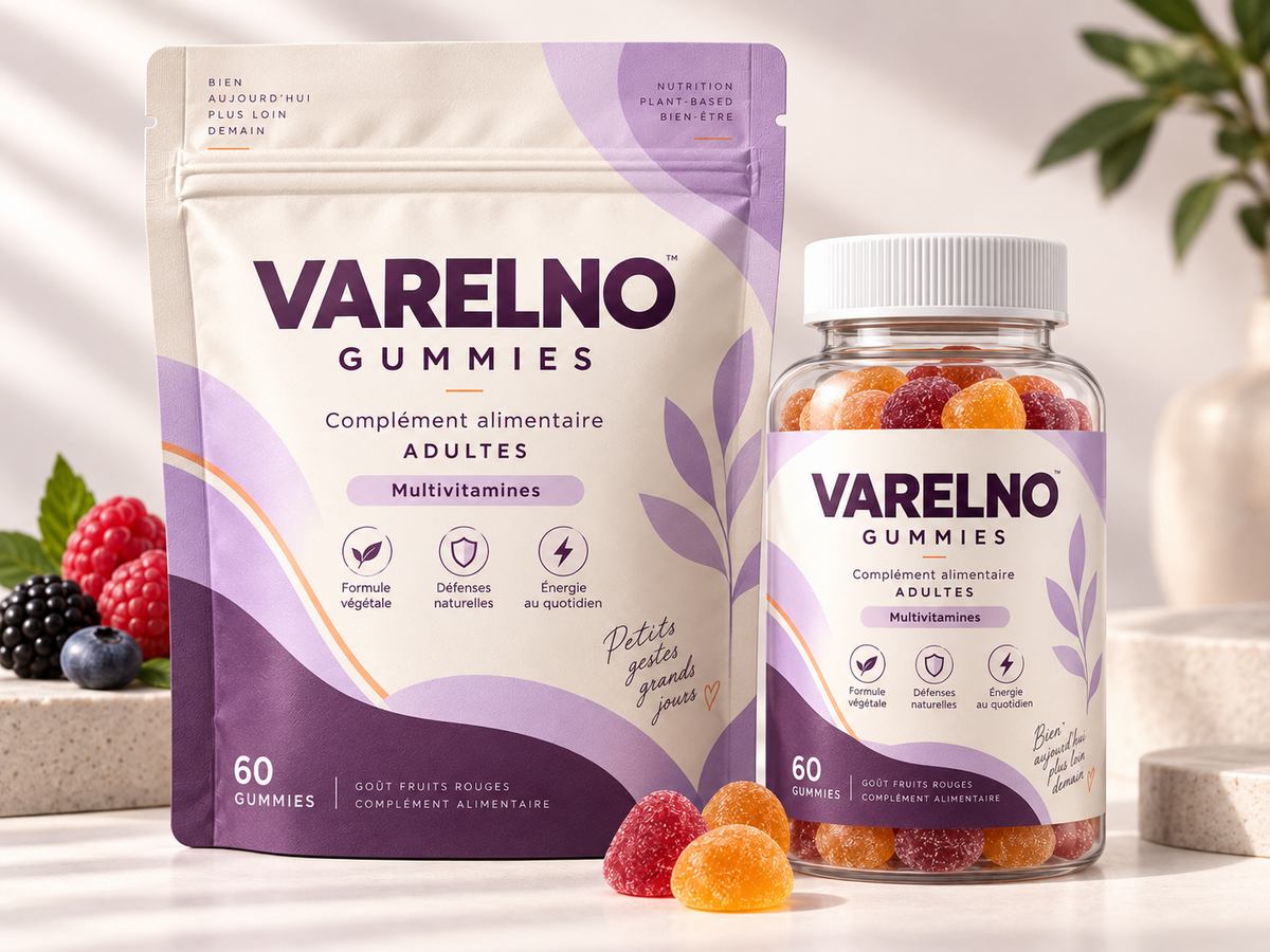 Maquette d’emballage VARELNO — Gummies Adultes — formule et mentions à valider