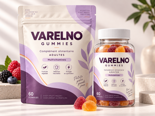 Maquette d’emballage VARELNO — Gummies Adultes — formule et mentions à valider