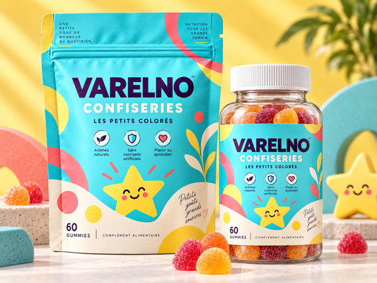 Maquette d’emballage VARELNO — Bonbons Enfants — formule et mentions à valider