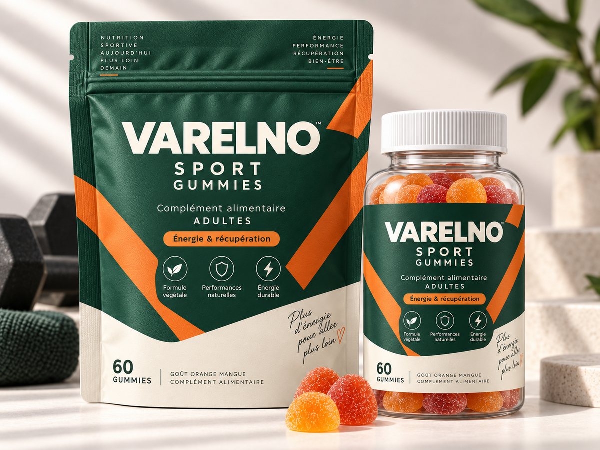 Maquette d’emballage VARELNO — Gummies Sport — formule et mentions à valider