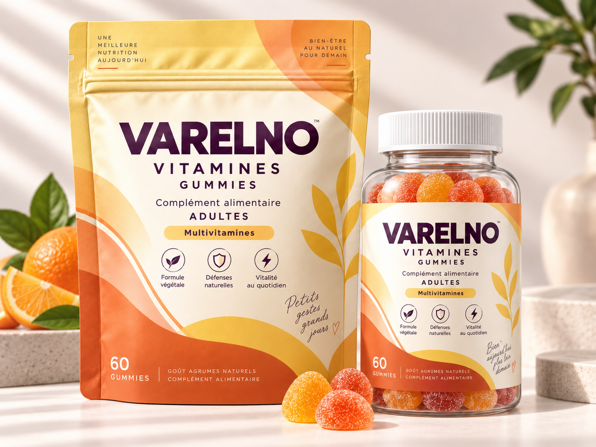 Maquette d’emballage VARELNO — Gummies Vitamines — formule et mentions à valider